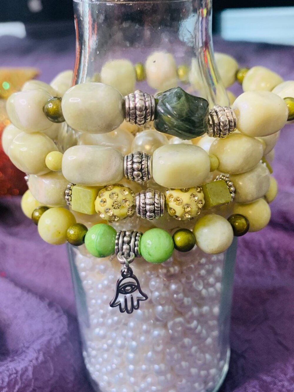 Evil Eye Charm, Peridot Jasper, Green Jade, Glass & Pewter Bracelet Set